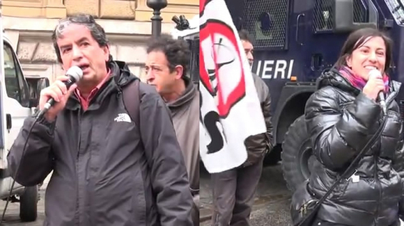 A sinistra, Marco Bersani durante una manifestazione contro il TTIP